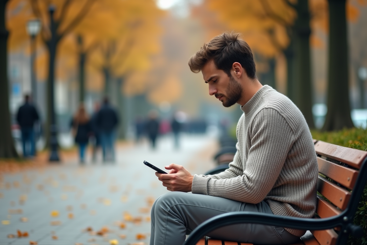 Jeune homme assis sur un banc dans un parc regardant son smartphone