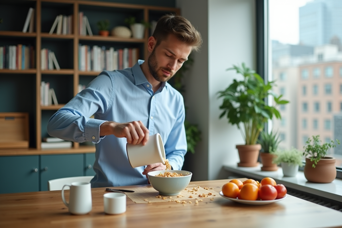Jeune homme versant des céréales dans un bol à table