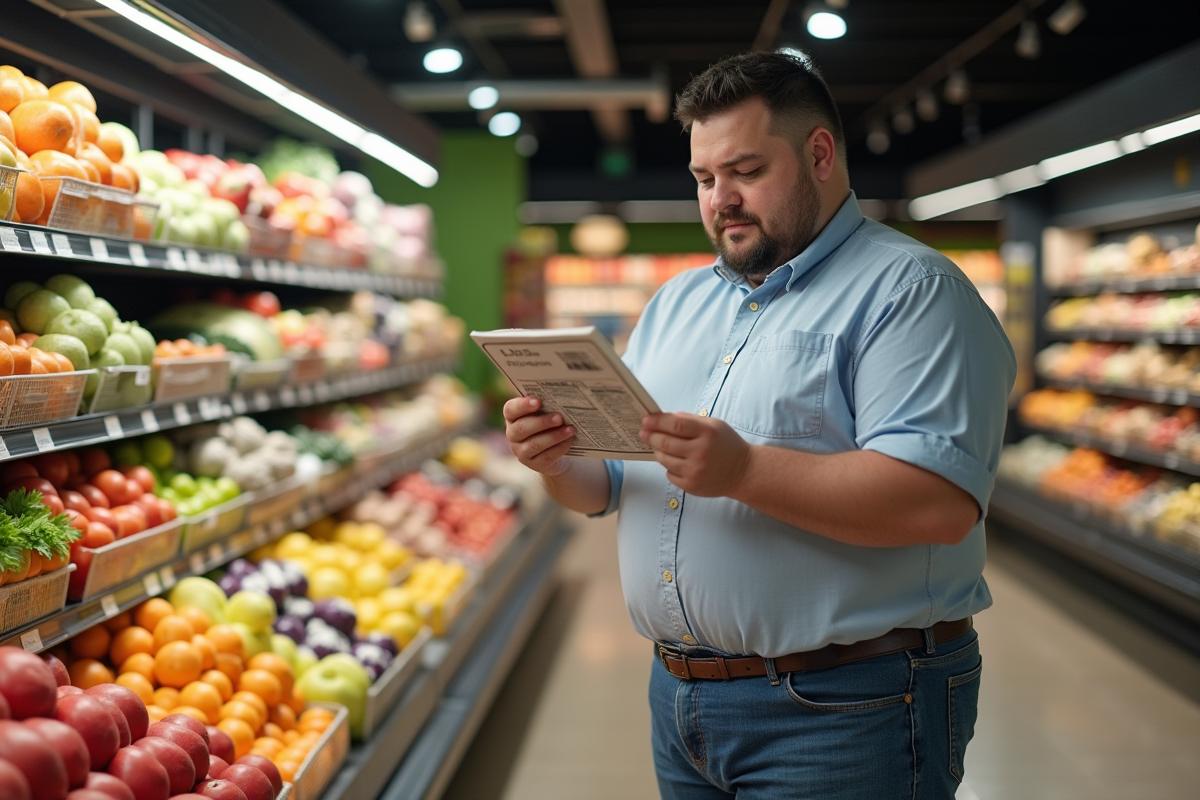 Jeune homme examinant une étiquette alimentaire dans un supermarché