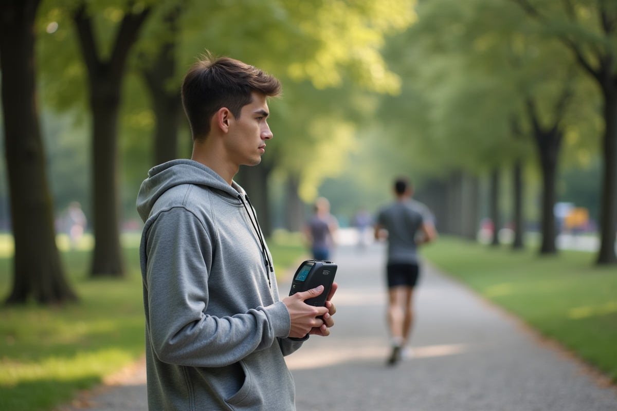 Jeune homme utilisant un spirometre en plein air