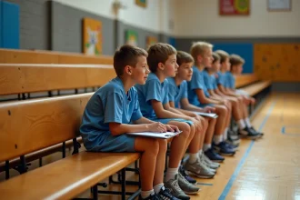 Groupe de jeunes sportifs en gymnase avec coach et tableau