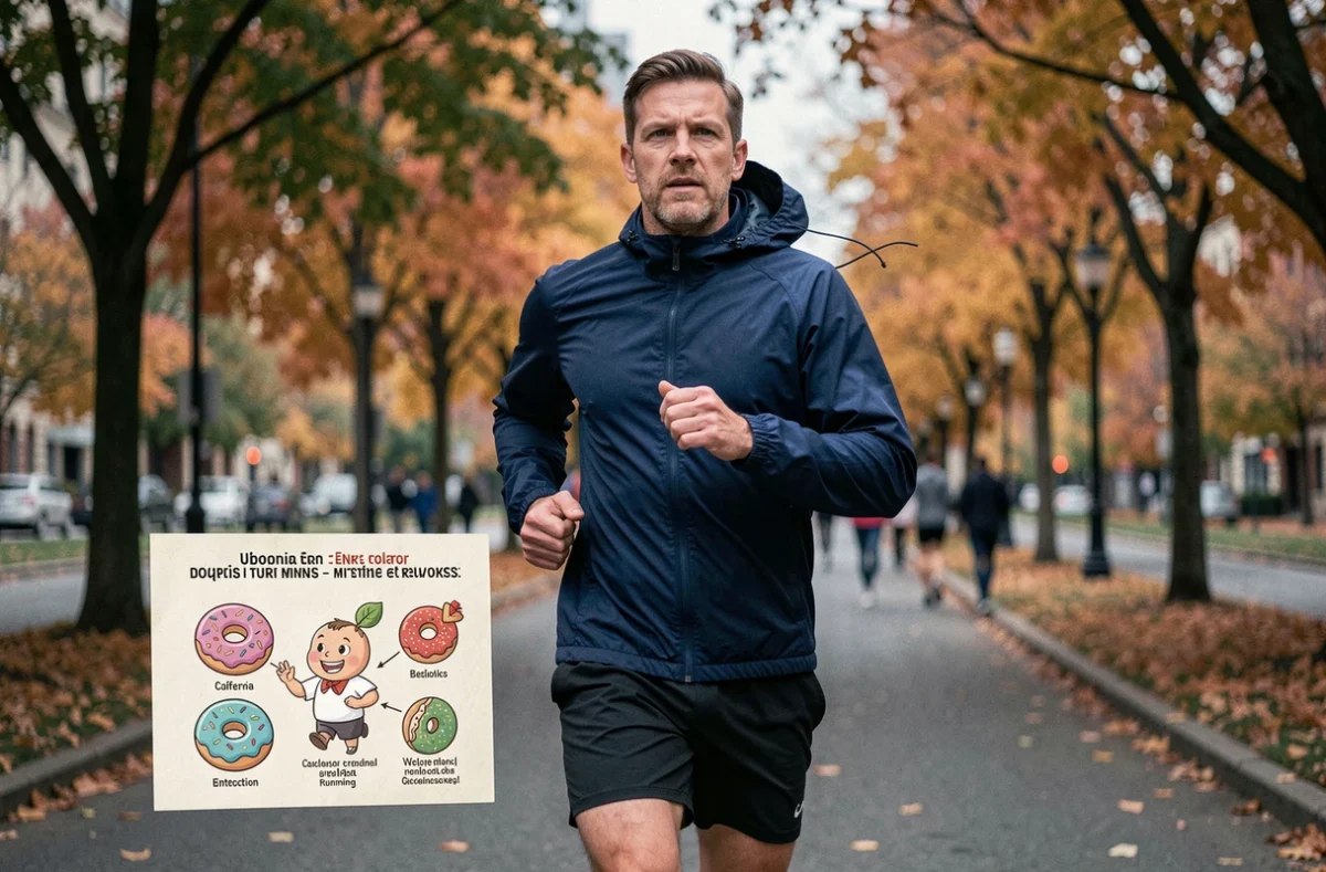 Homme qui court dans un parc urbain avec une infographie sur les équivalents sportifs des calories d'un donut Krispy Kreme