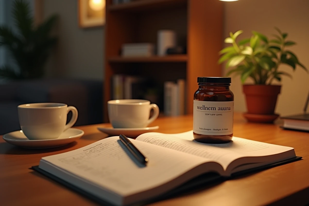 Journal de suivi du sommeil et complément Nuclever posés sur un bureau en bois dans une ambiance nocturne apaisante