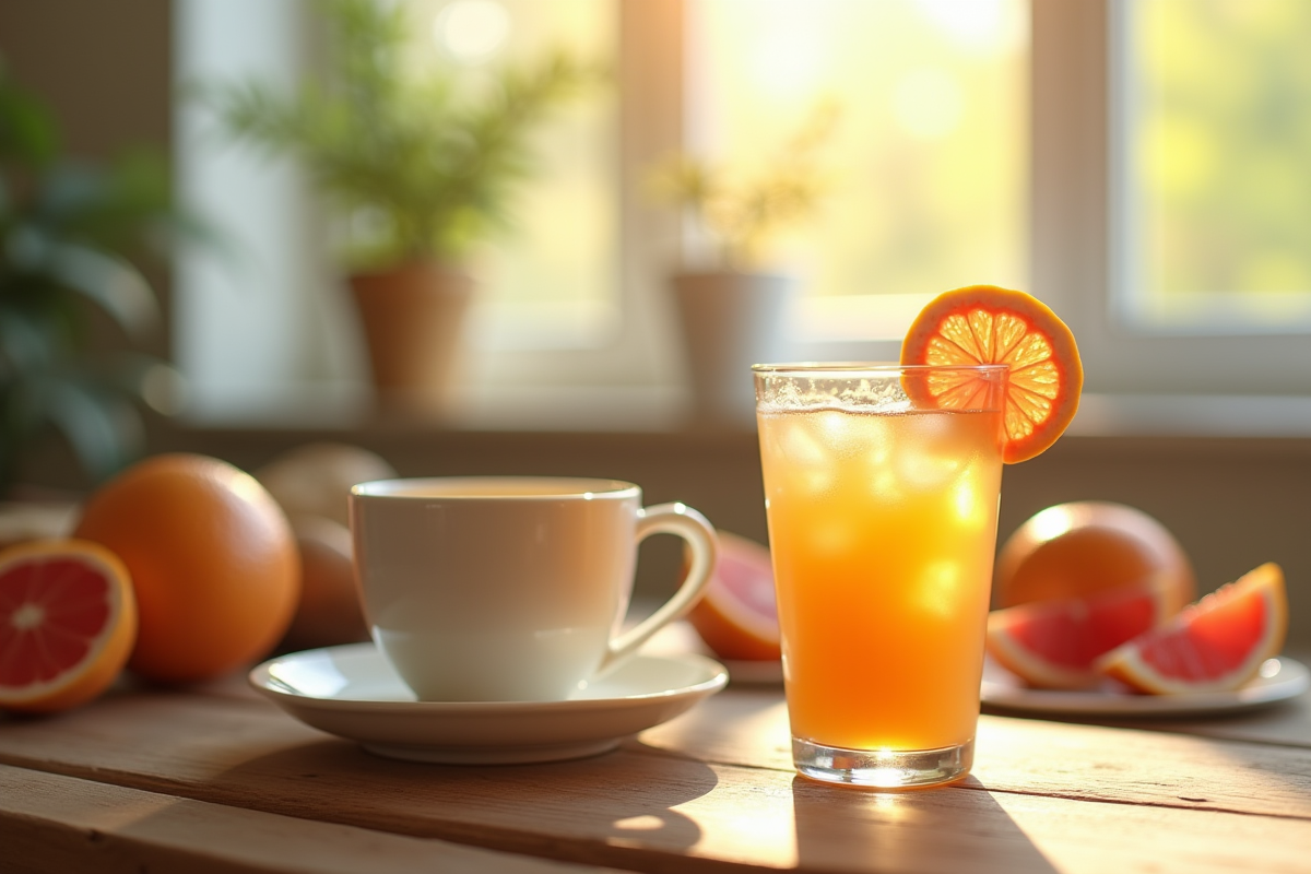 Verre de jus de pamplemousse frais et thé vert sur table