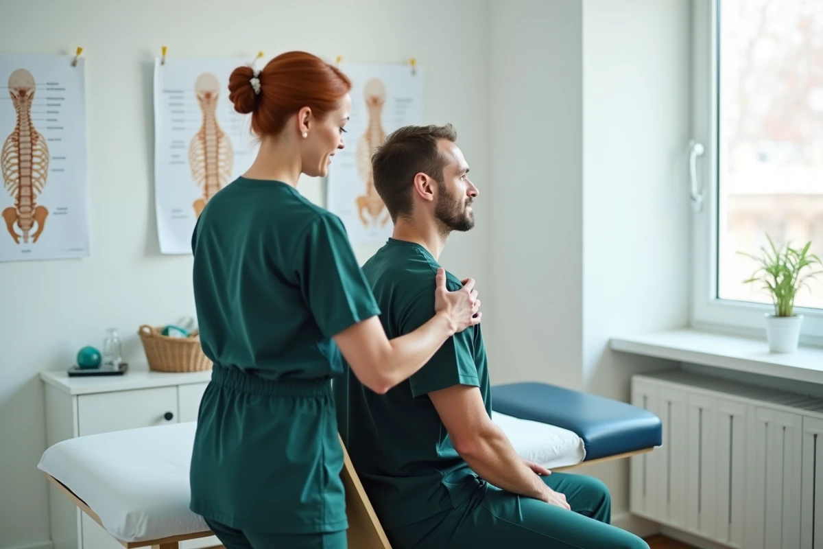 Kinésithérapeute corrigeant la posture assise d'un patient souffrant de douleurs au haut du dos gauche