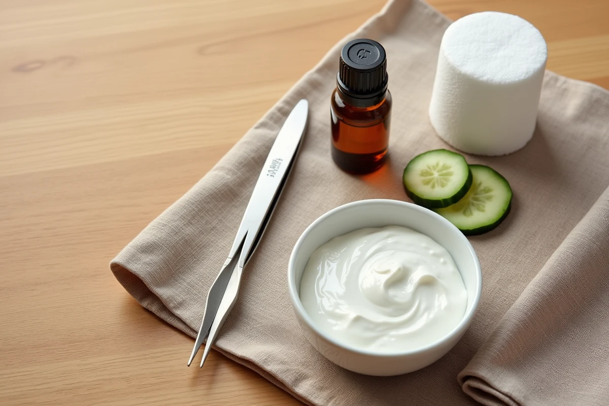 Kit de soins naturels pour traiter les poils incarnés : pince à épiler stérile, huile essentielle et compresse sur tissu lin