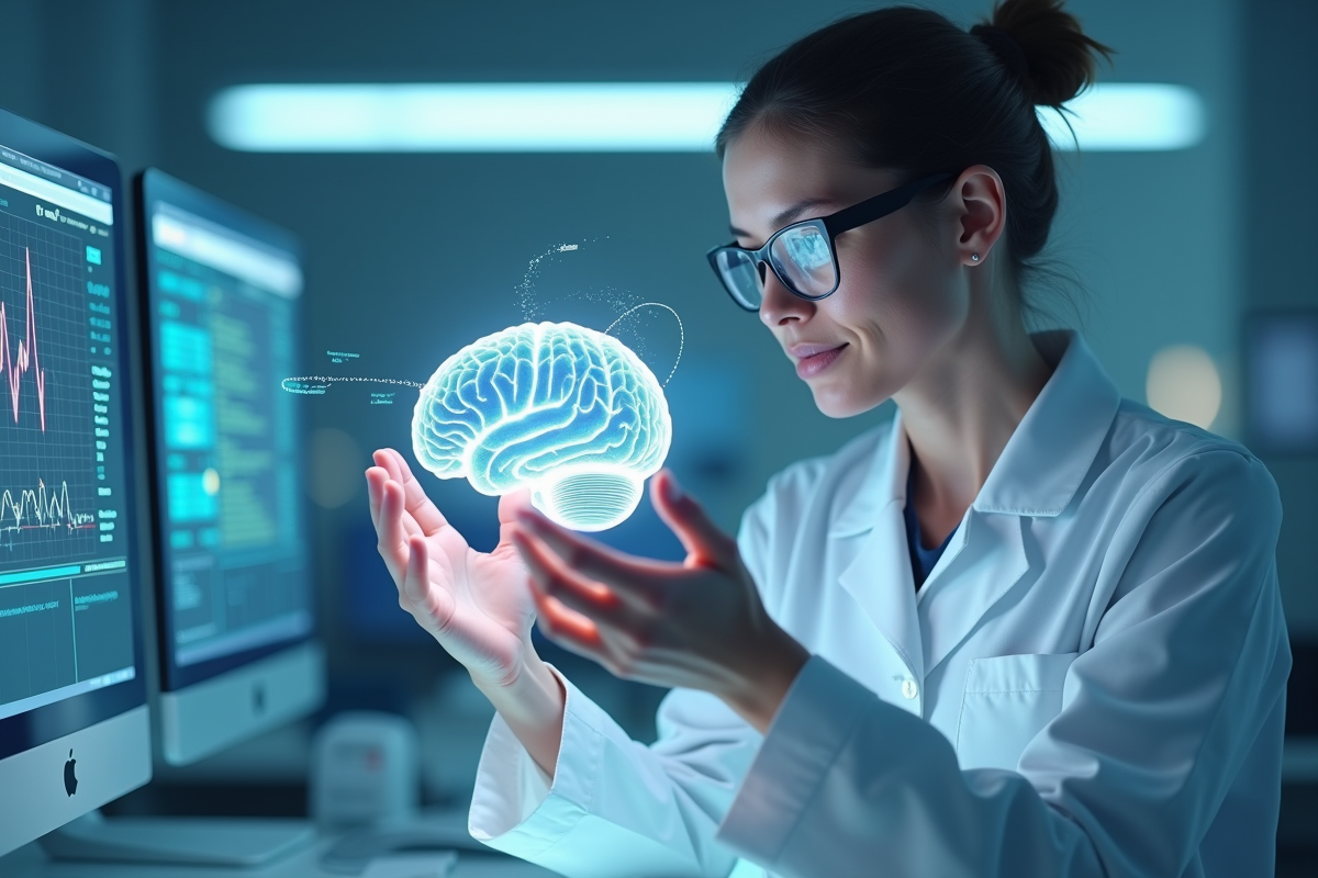 Scientifique examinant un modele de cerveau avec Neuralink en laboratoire