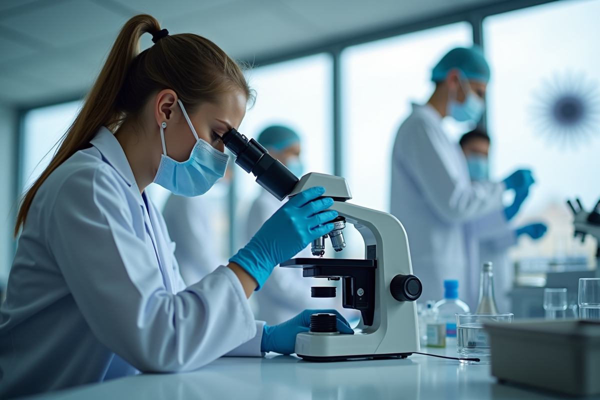 Laboratoire médical avec scientifiques examinant des virus