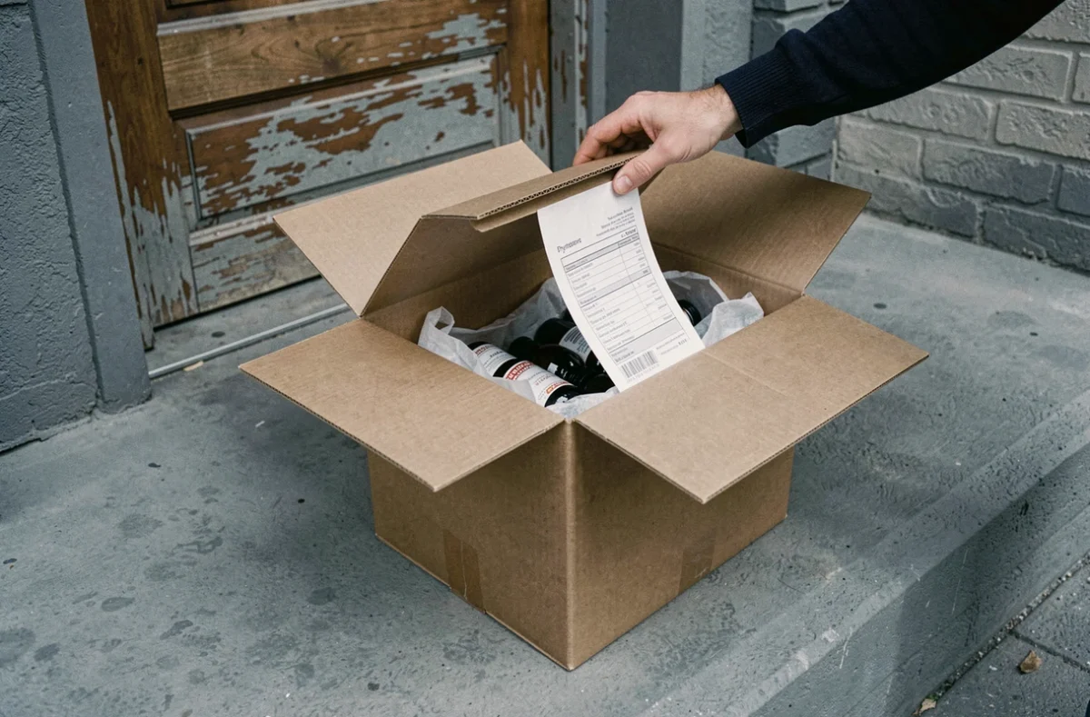 Livraison d'une commande 123 Phyto Santé déballée à la porte d'un appartement urbain