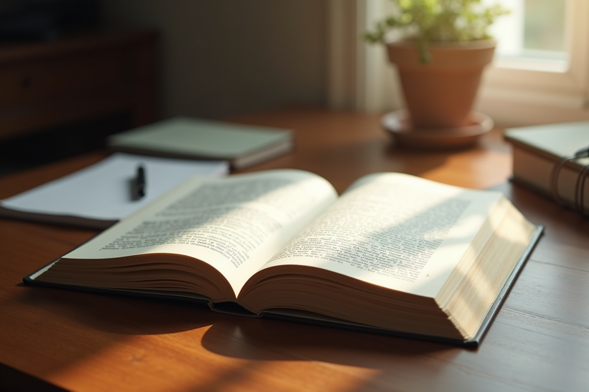 Livre ouvert sur un bureau en bois avec annotations et lumière naturelle