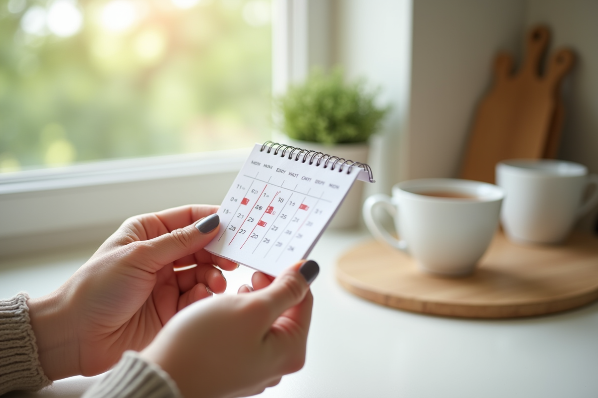 Main tenant un calendrier avec des dates entourées dans une cuisine lumineuse