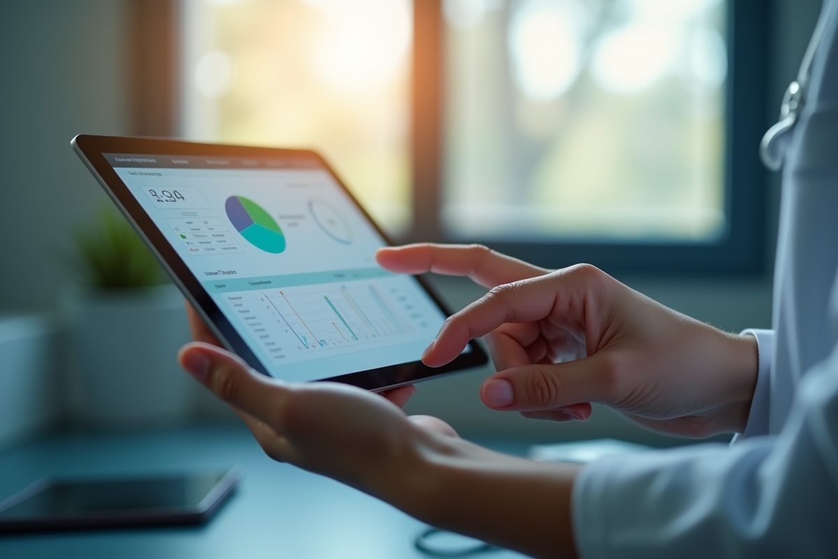 Mains tenant une tablette médicale avec tableau de bord numérique
