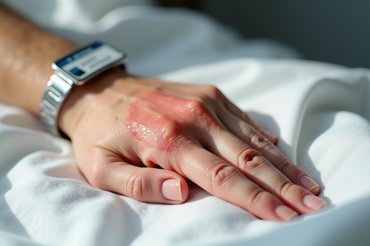 Main avec rash rouge et bracelet médical sous lumière naturelle