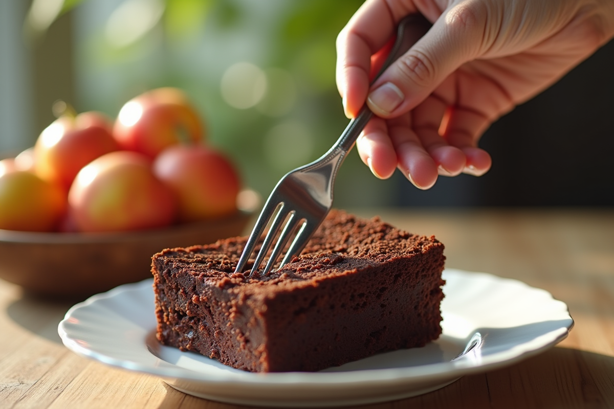Mains empêchant une part de gâteau au chocolat d