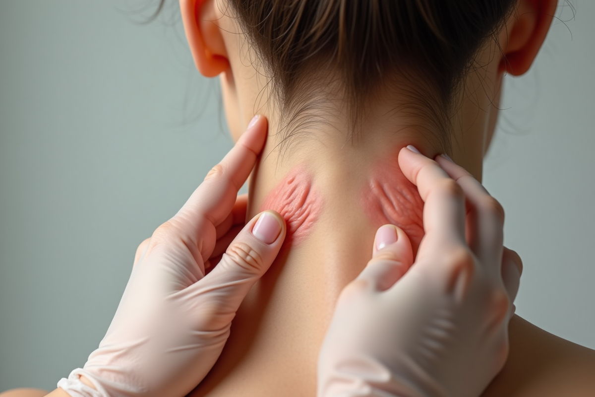 Mains examinant une peau rouge sur la nuque en lumière naturelle