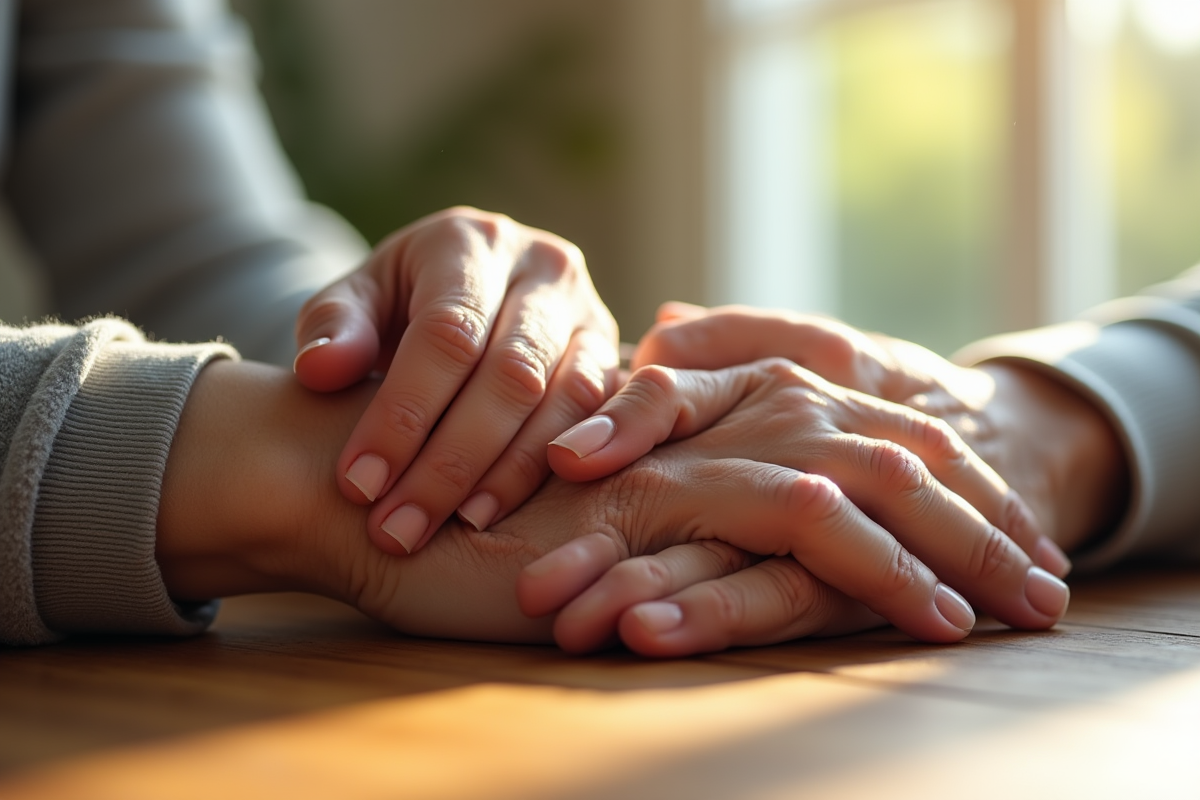 Mains de deux personnes âgées posées sur une table en bois