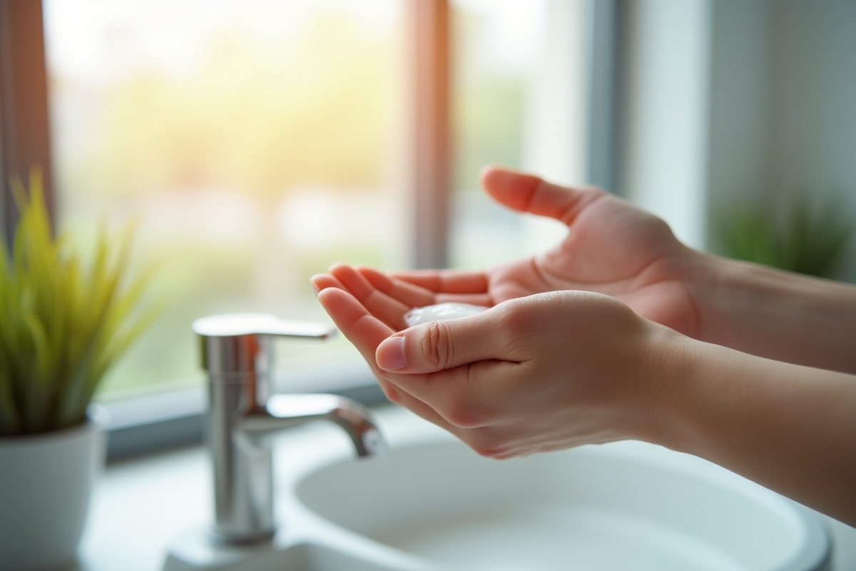 Mains propres appliquant du gel désinfectant sur la peau