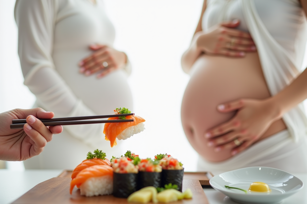 Mains offrant un sushi à une femme enceinte avec son ventre visible