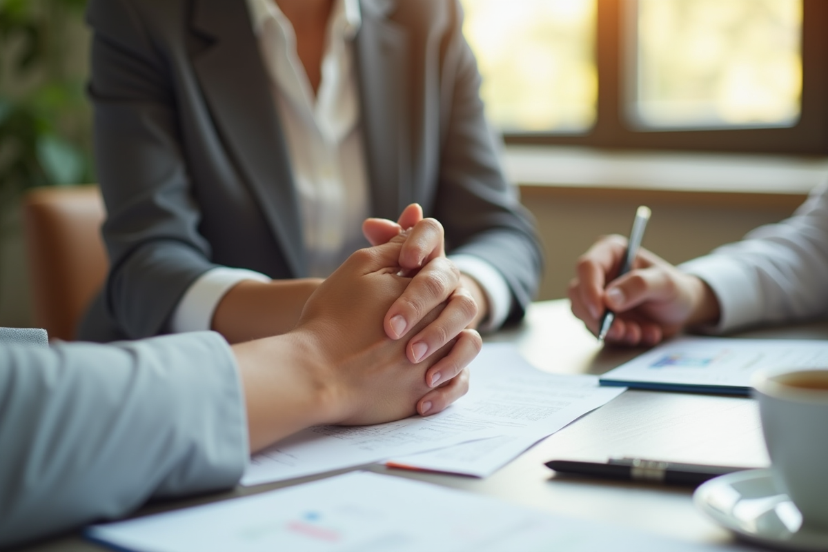 Gros plan sur deux mains rassurantes dans un bureau moderne