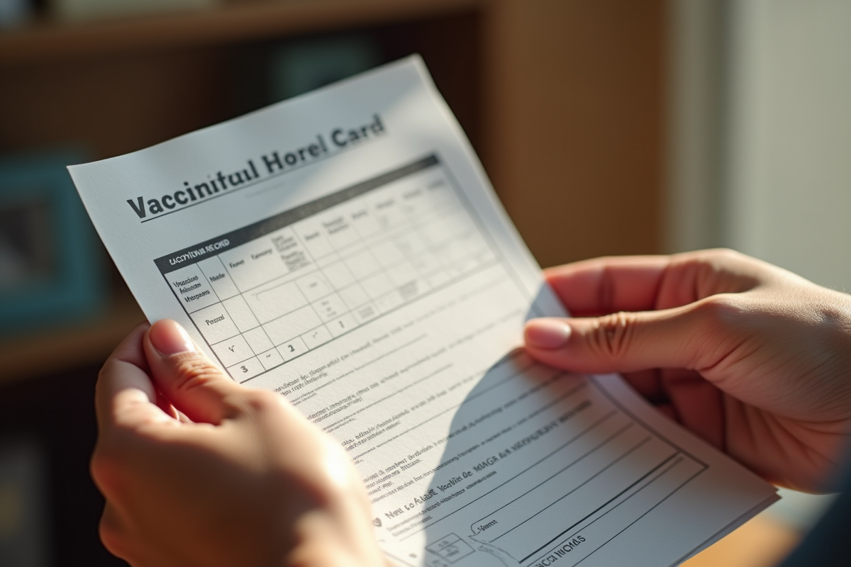 Mains tenant une carte de vaccination dans un cadre chaleureux