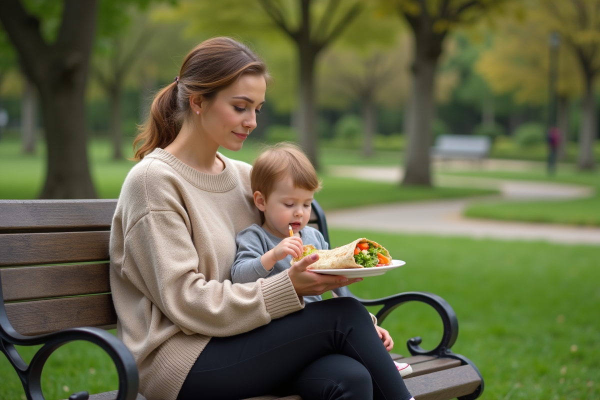 Maman et enfant dégustant un wrap au parc en plein air
