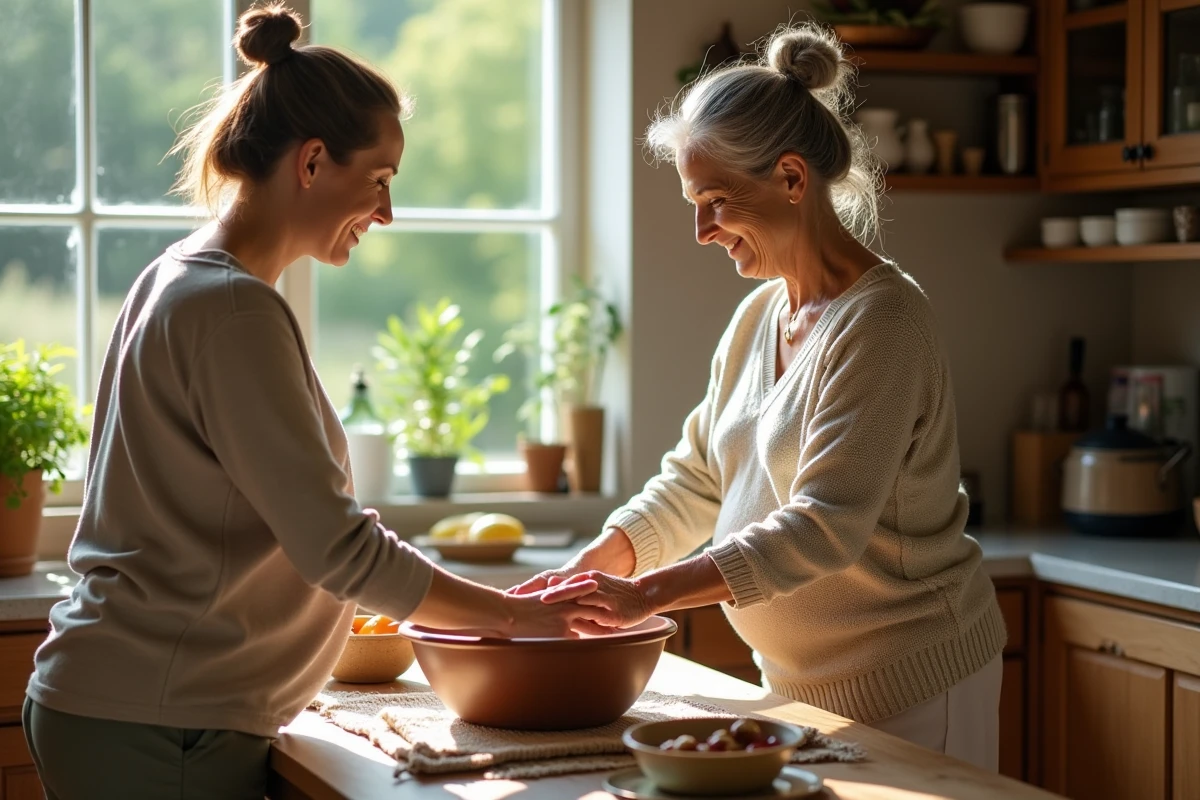 Mère préparant un bain de plantes pour sa fille enceinte
