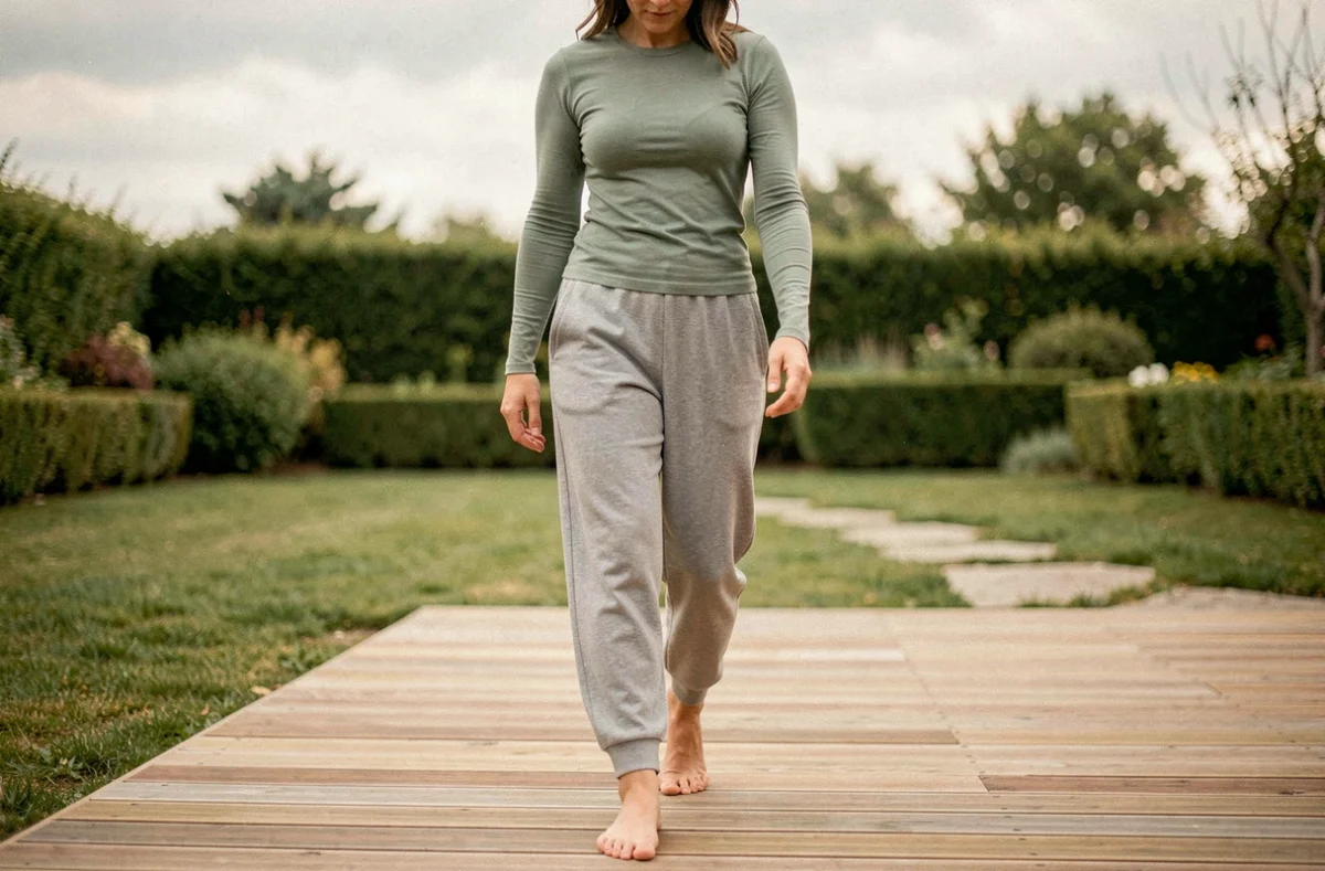 Femme marchant pieds nus sur une terrasse en bois dans un jardin, pratique de marche consciente pour soulager l'épine calcanéenne et améliorer le transit intestinal