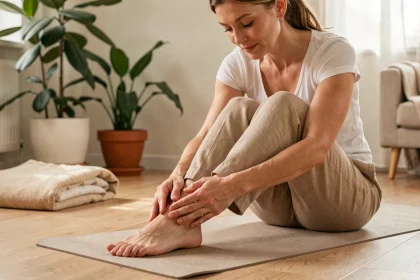 Femme massant la plante de son pied pour soulager une épine calcanéenne, assise sur un tapis de yoga dans un salon naturel