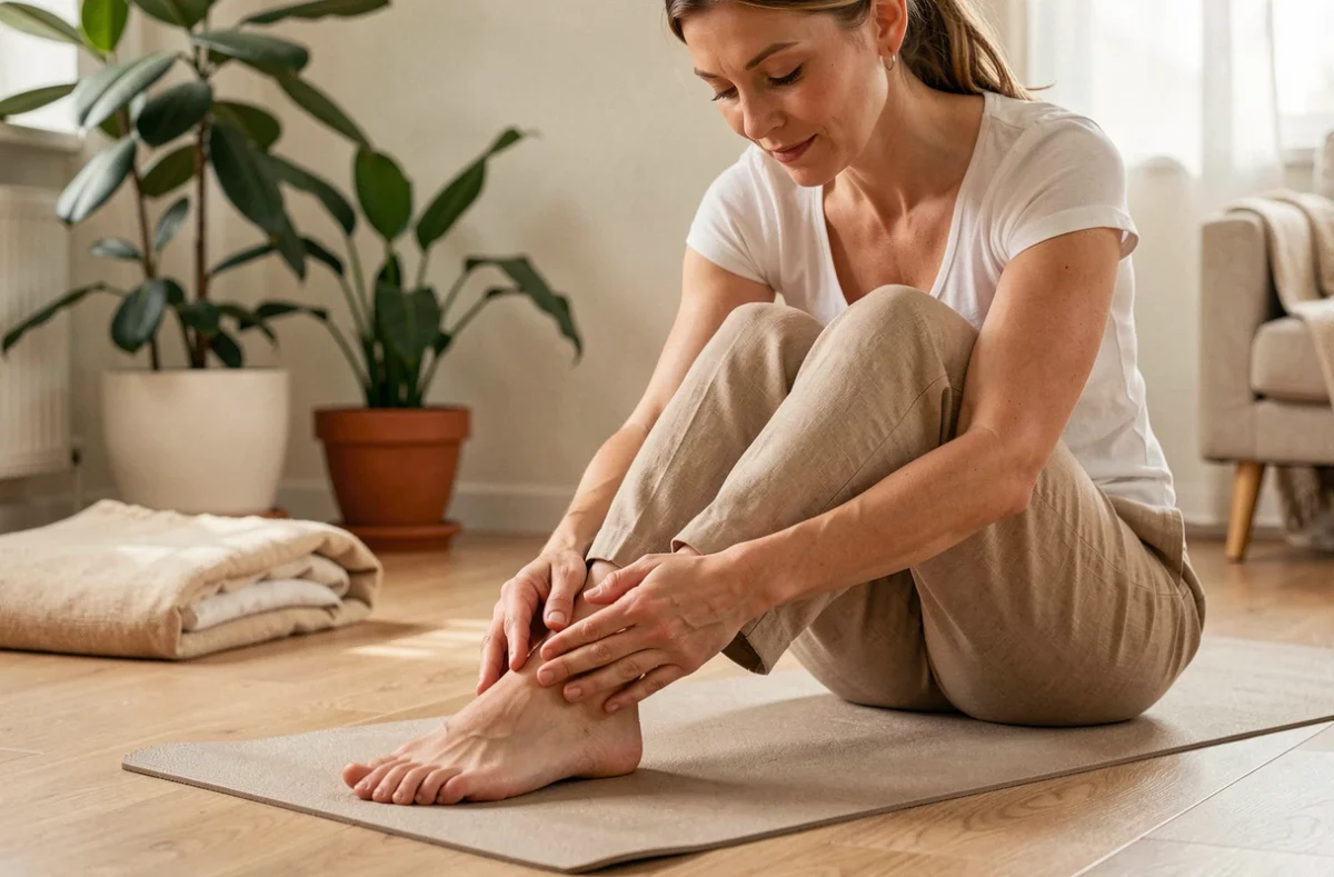 Femme massant la plante de son pied pour soulager une épine calcanéenne, assise sur un tapis de yoga dans un salon naturel