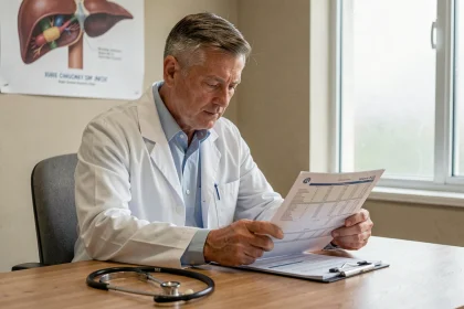 Médecin consultant les résultats d'analyse de sang montrant le taux de gamma-GT dans son cabinet médical