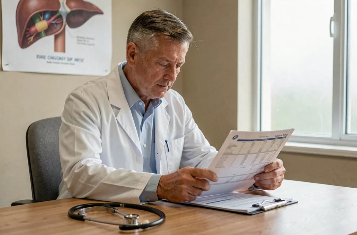 Médecin consultant les résultats d'analyse de sang montrant le taux de gamma-GT dans son cabinet médical