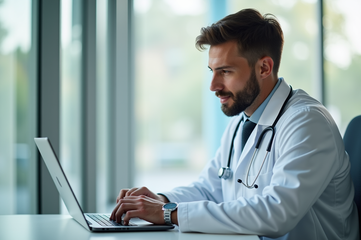 Medecin en consultation video avec patient dans un bureau lumineux