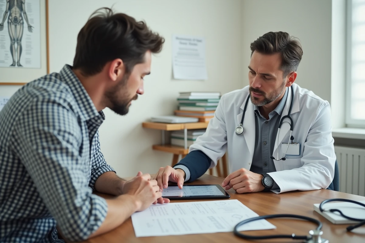 Médecin expliquant les résultats de tension artérielle à un patient adulte en consultation