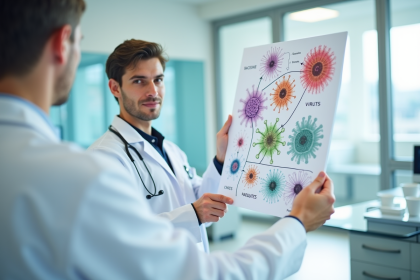 Médecin en blouse blanche montrant un diagramme des microbes