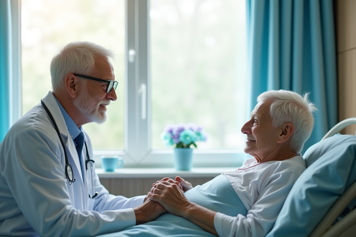 Médecin compatissant auprès d'une patiente âgée dans une chambre lumineuse