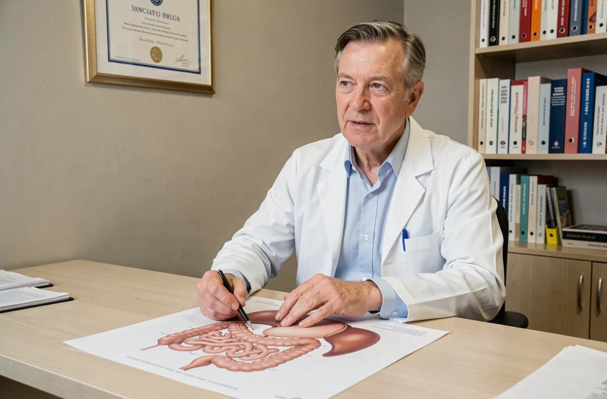 Médecin expliquant un schéma du système digestif à son bureau dans un cabinet médical
