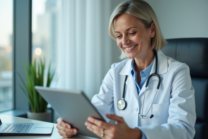 Médecin femme en blouse blanche examinant un dossier numérique