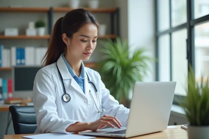 M&eacute;decin femme en blouse blanche consulte des statistiques