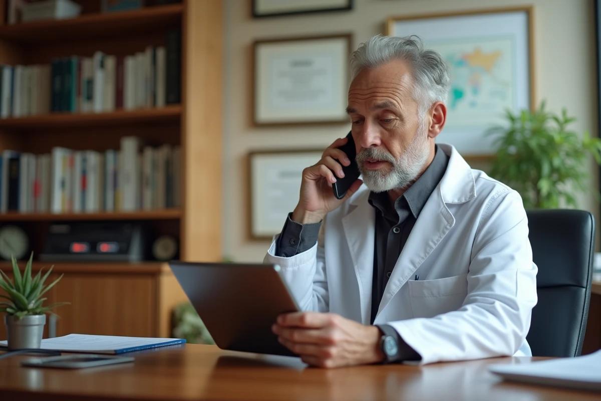 Médecin généraliste consultant un outil numérique de coordination des soins dans son cabinet médical