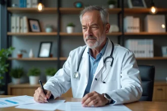 Médecin homme en bureau moderne avec documents et stethoscope