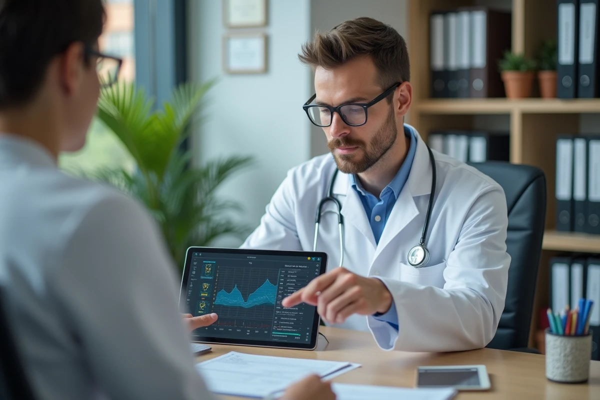 Jeune médecin montrant un graphique sur une tablette dans son bureau