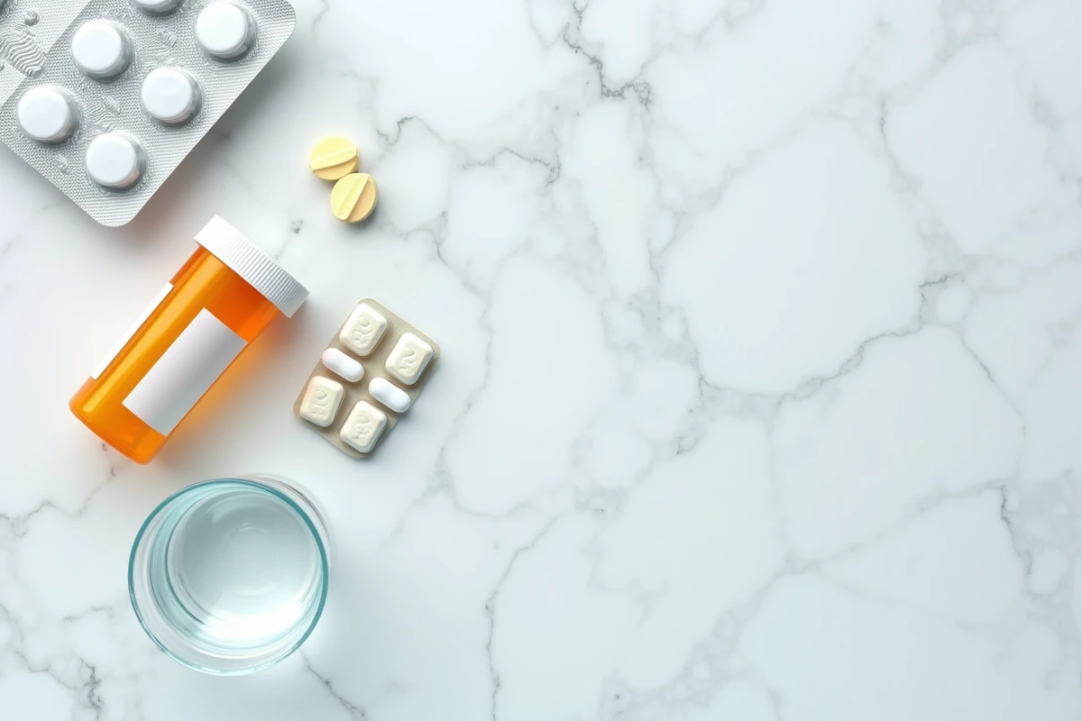 Vue en plongée d'une plaquette d'antibiotiques, un flacon de médicaments et des comprimés anti-inflammatoires disposés sur un marbre blanc, représentant les risques de combinaison médicamenteuse