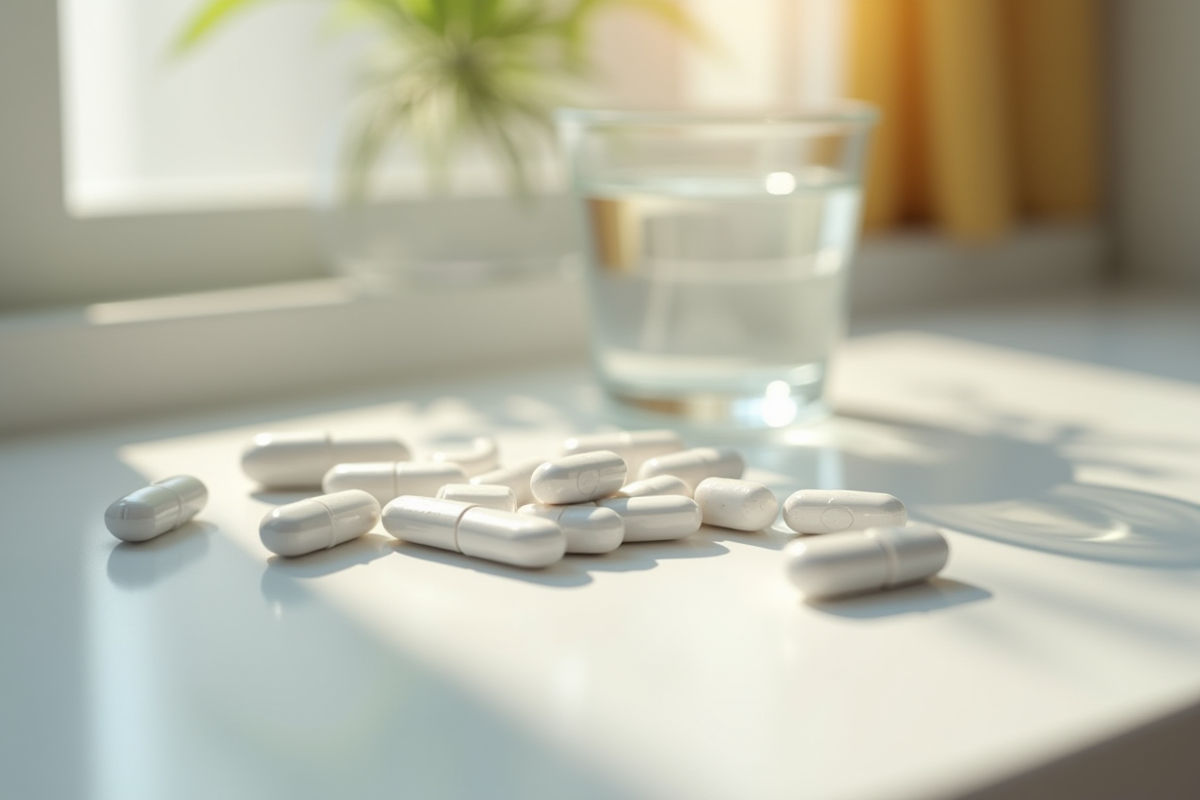 Assortiment de pilules blanches et verre d'eau sur une table de nuit