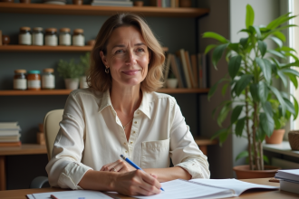 Femme naturopathe française dans son bureau chaleureux