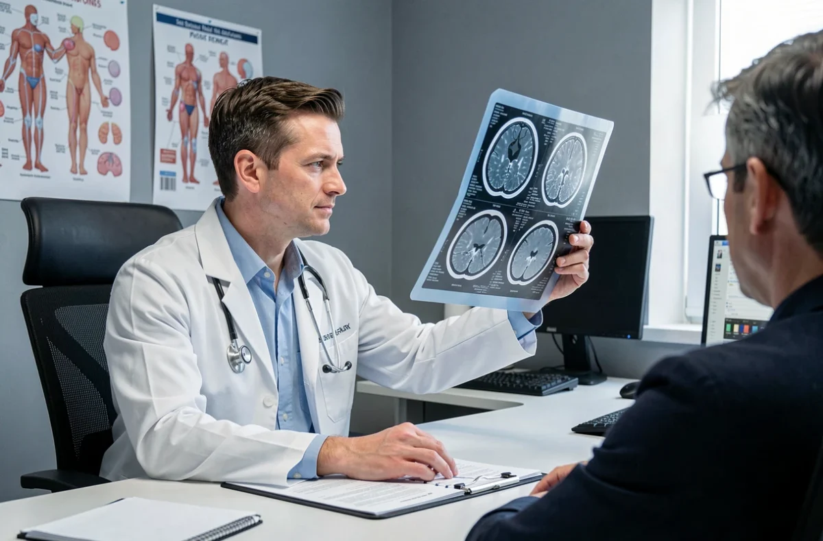 Neurologue analysant une IRM cérébrale lors d'une consultation médicale pour diagnostiquer un trouble neurologique