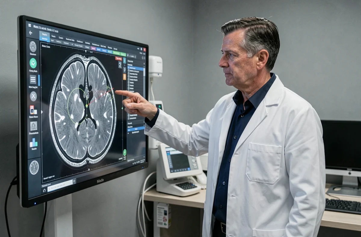 Neurologue analysant une IRM cérébrale montrant des lésions de leucopathie vasculaire de grade 2