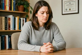 Femme pensive dans un cabinet de psychologue illustrant la définition du trouble névrotique