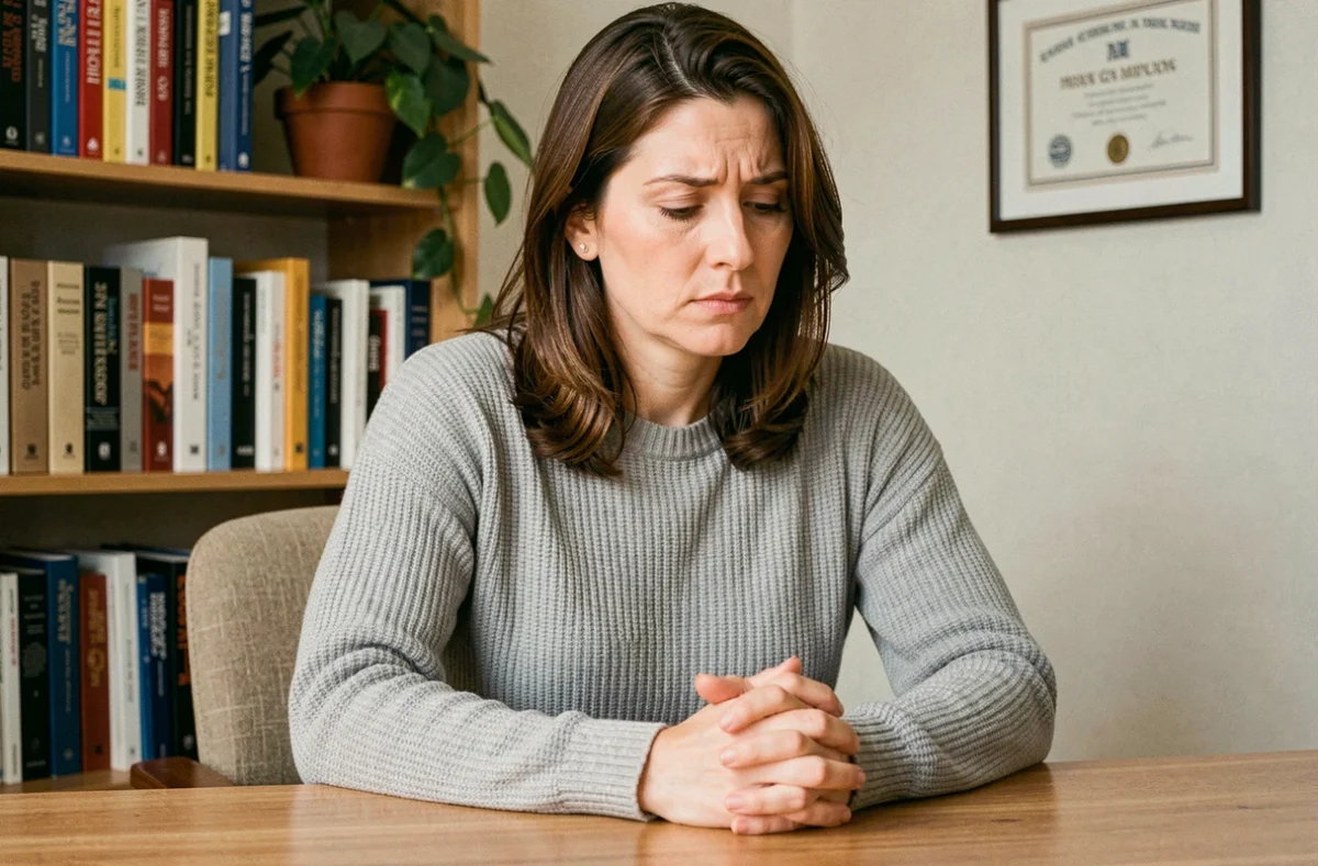 Femme pensive dans un cabinet de psychologue illustrant la définition du trouble névrotique