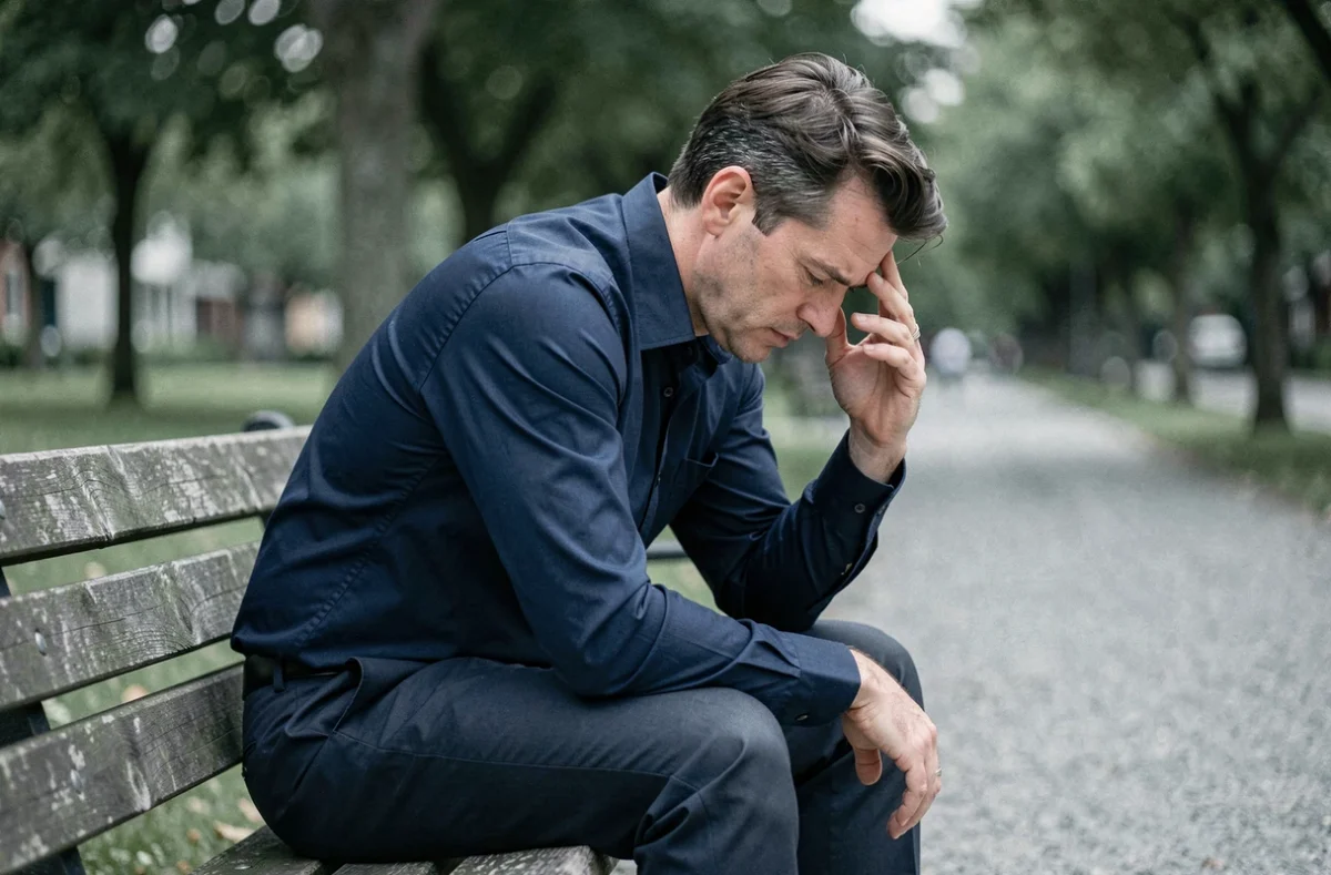 Homme en état de rumination sur un banc de parc illustrant les différences entre troubles névrotique psychotique et borderline