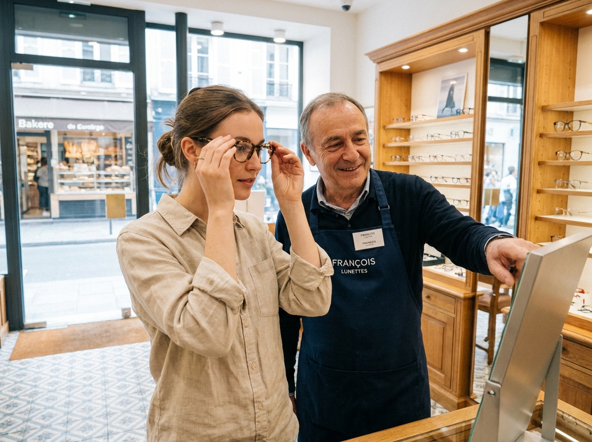 Jeune femme essayant des montures de lunettes conseillée par son opticien dans une boutique d'optique à Pau